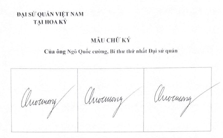 Thông báo chữ ký lãnh sự của đồng chí Ngô Quốc Cường, Bí thư thứ nhất, Đại sứ quán nước CHXHCN Việt Nam tại Hoa Kỳ